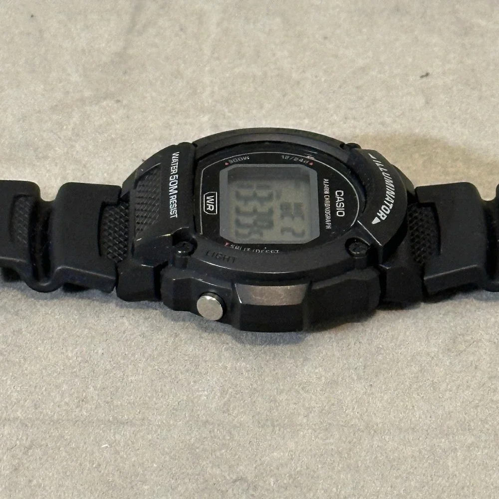 Casio Illuminator Digital Watch Black Resin W-219H 50M Water Resist Alarm Chrono